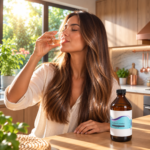 Cobre coloidal – producto alcalino Manifestarte-Mujer tomando cobre coloidal en un vaso para fortalecer su cabello