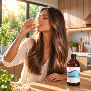 Cobre coloidal – producto alcalino Manifestarte-Mujer tomando cobre coloidal en un vaso para fortalecer su cabello