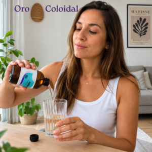 Oro coloidal – producto alcalino Manifestarte-Mujer sirviendo oro coloidal en un vaso